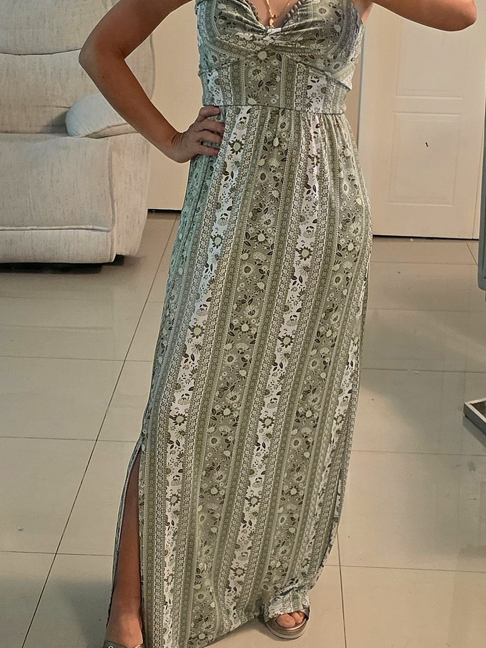 Green Patterned Maxi Dress with V-Neck